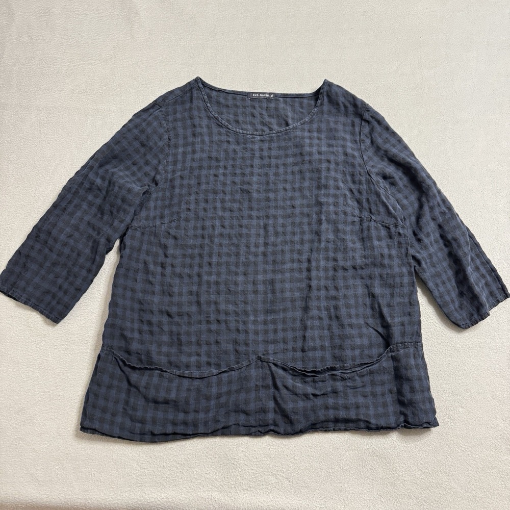 Cut Loose Linen Top Womens XL Blue Check Boxy Casual Artsy USA
